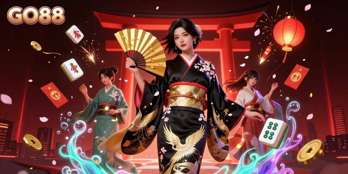 Experience immense excitement at GO88 with a vibrant casino-themed digital illustration featuring a graceful Asian woman surrounded by mahjong tiles and cherry blossoms.