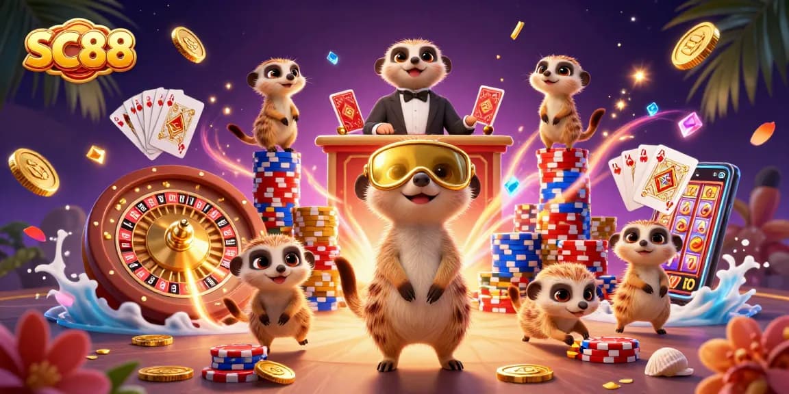 Experience the vibrant energy of SC88 with meerkats managing an exciting casino operation amidst cascading coins and cards.
