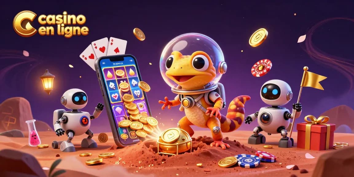Jouer à des jeux captivants au casino en ligne avec un gecko martien et un robot dans l'espace.