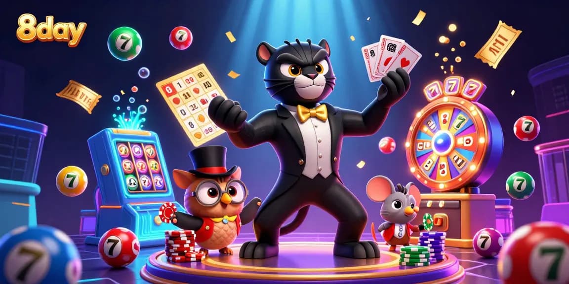 Engage with 8day as a cartoon black panther deals cards with an owl and mouse in a vibrant casino environment.
