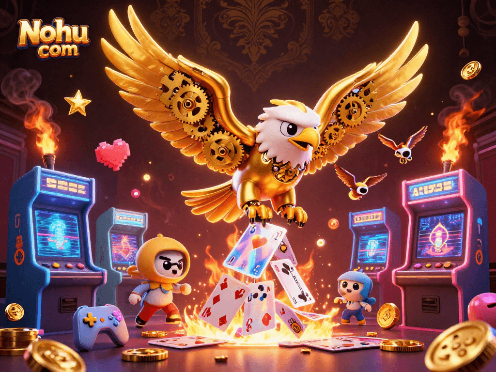 Dive into gaming brilliance with Nohu com; a golden eagle and arcade elements create a winning atmosphere.