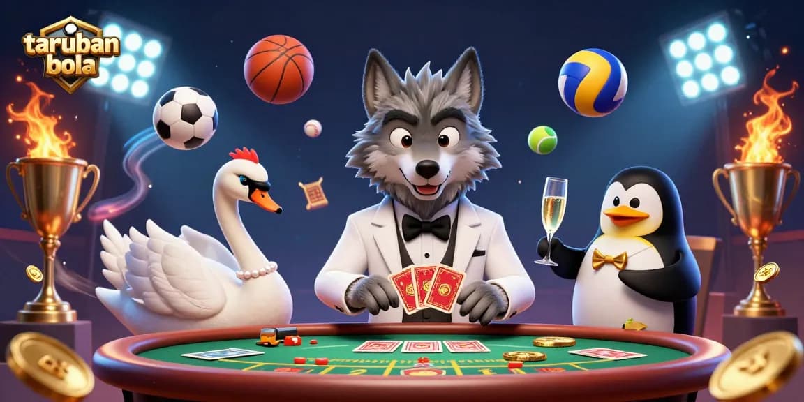 Experience taruhan bola excitement with dynamic sports betting scene featuring a debonair wolf and elegant swan.