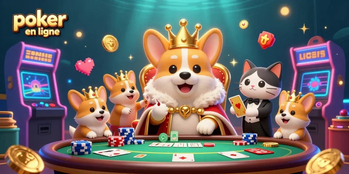 Illustration dynamique de corgi royal sur une chaise de poker pour un site de poker en ligne.