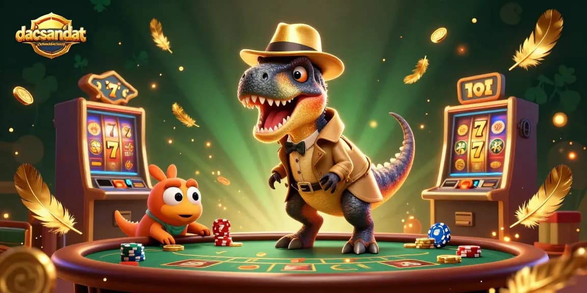 dacsandatphanrang showcases a 3D velociraptor card counter at a blackjack table amidst swirling slot machine elements.
