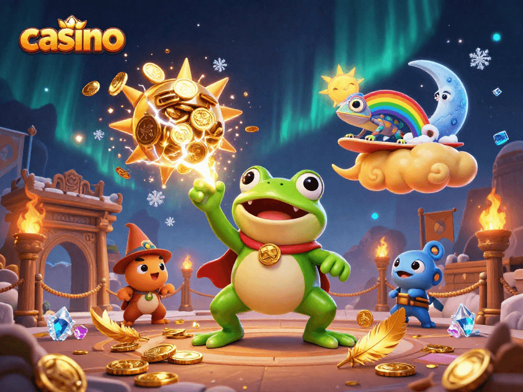 Experience thrilling casino action with a weather wizard frog and golden storm in this vibrant illustration.