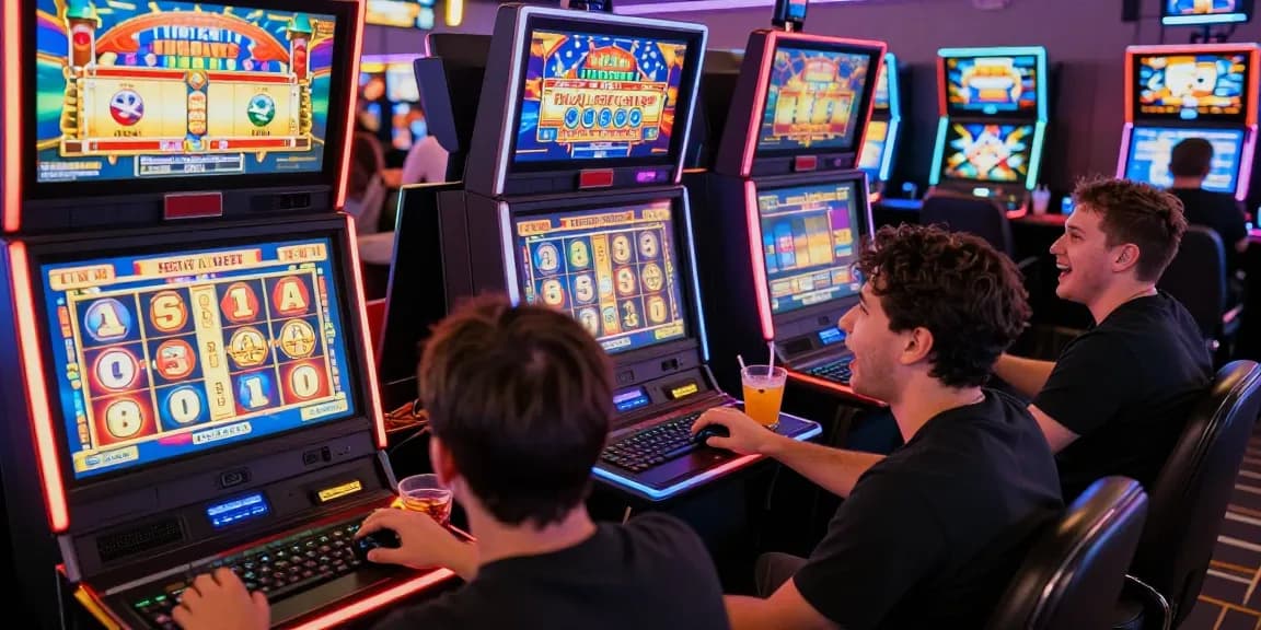 Excited players engaging with colorful slot games in a lively online casino atmosphere.
