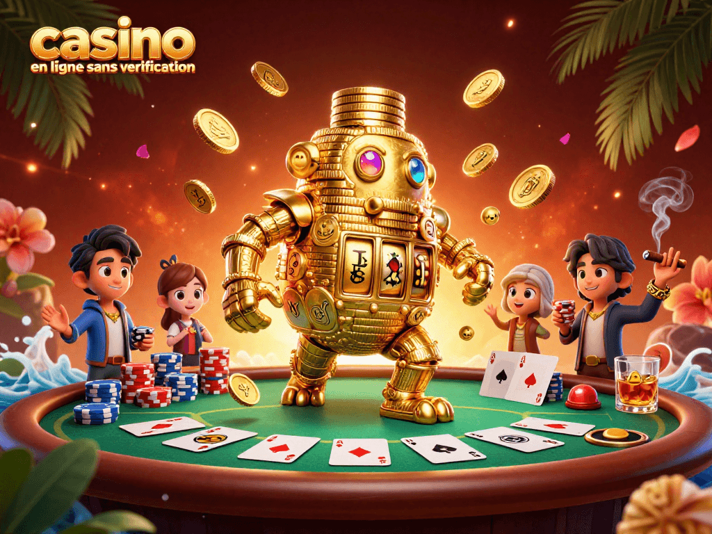 Jouez sur un casino en ligne sans vérification avec des personnages animés, un plateau de poker et des effets pétillants.