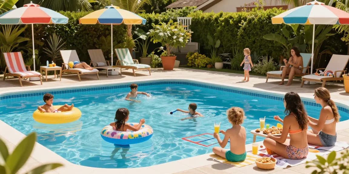 Family enjoying a sunny day by the pool, showcasing oprema za bazene and vibrant summer activities.