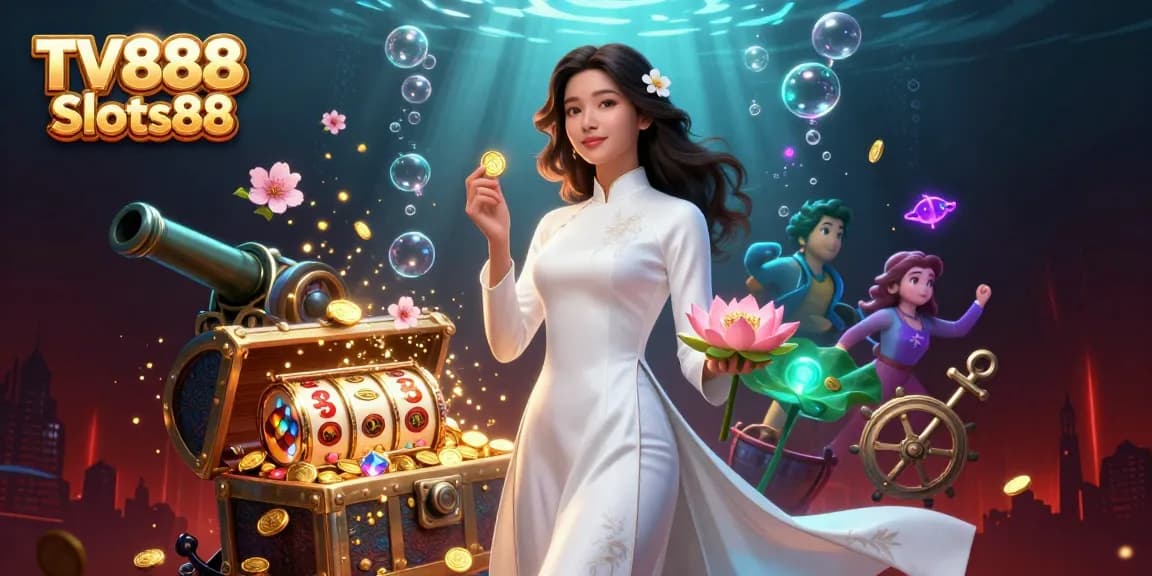 Engage with thrilling TV888 Slots88, featuring colorful slot reels and elegant characters in an exciting casino atmosphere.