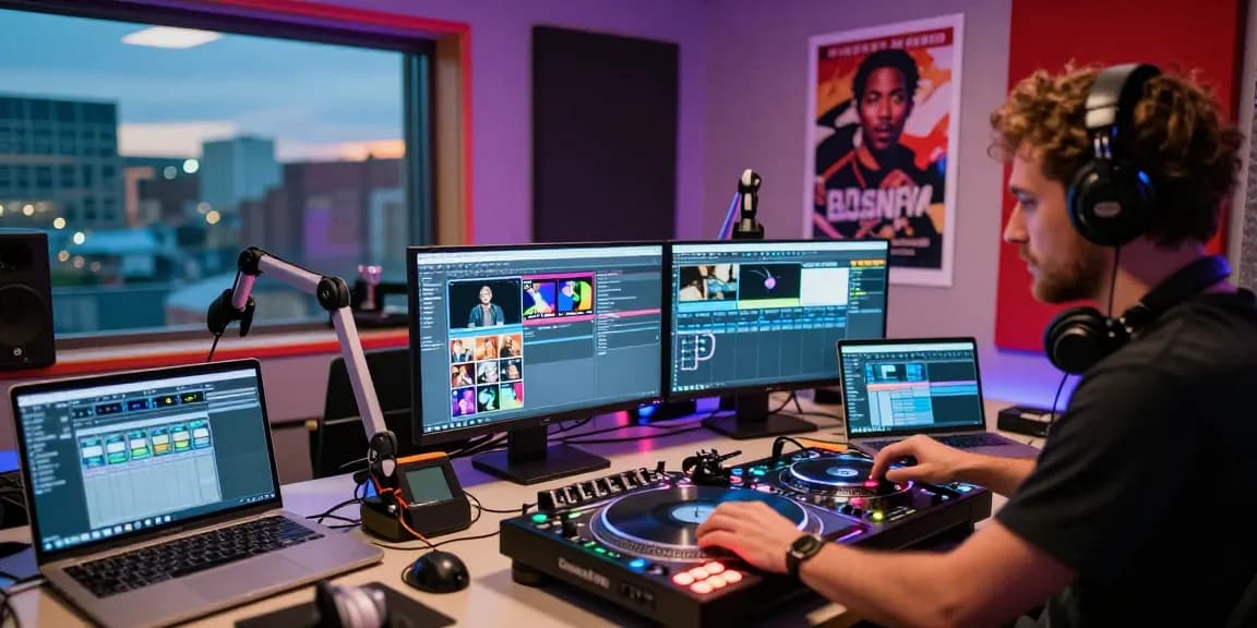 BlastFM Tweetcast in action with a DJ mixing tracks surrounded by vibrant studio lights