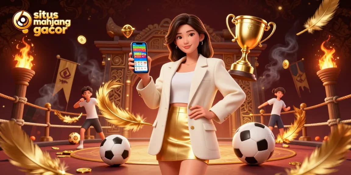 Experience situs mahjong gacor with a lively scene featuring an elegant woman holding a smartphone for betting.