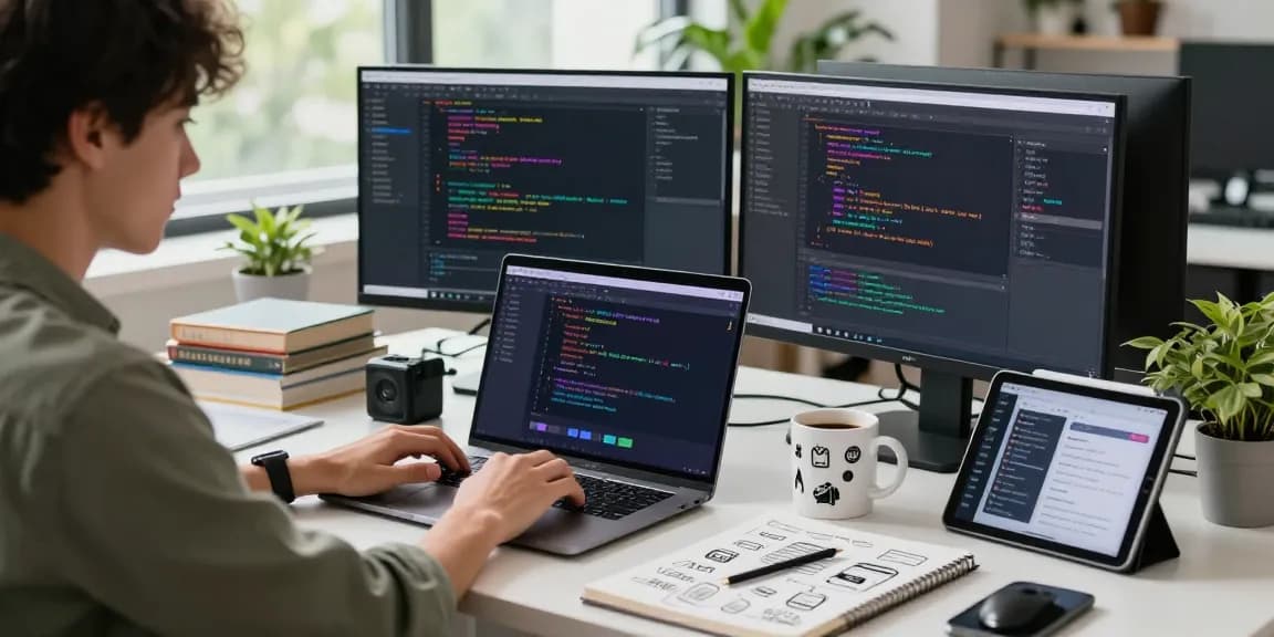 Workspace of a developer using 纸飞机中文版, showcasing a modern tech environment with coding windows and vibrant ambiance.