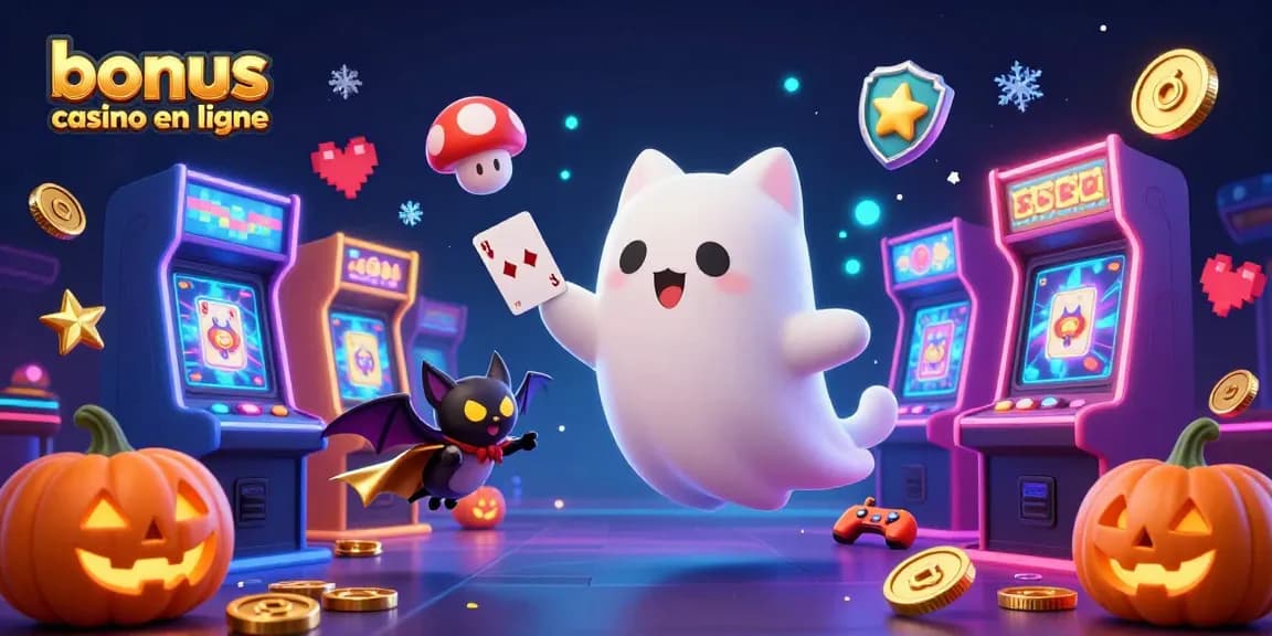Profitez de l'expérience immersive du bonus casino en ligne avec un chat fantôme volant dans un casino rempli de machines à sous et de cartes à jouer.
