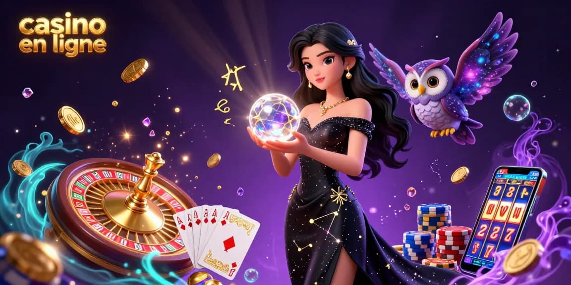 Découvrez des jeux passionnants au casino en ligne avec une illustration mystique en 3D d'une femme et d'un hibou.