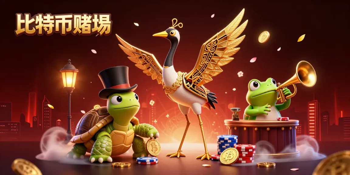 熱情洋溢的比特幣賭場插圖，展示三維卡通風格的角色和撲克元素。