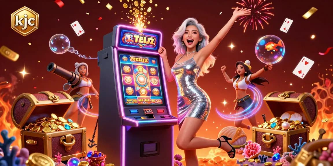 KJC illuminates an exciting online casino world with a celebratory jackpot win from a slot machine, overflowing with treasure and vibrant elements.