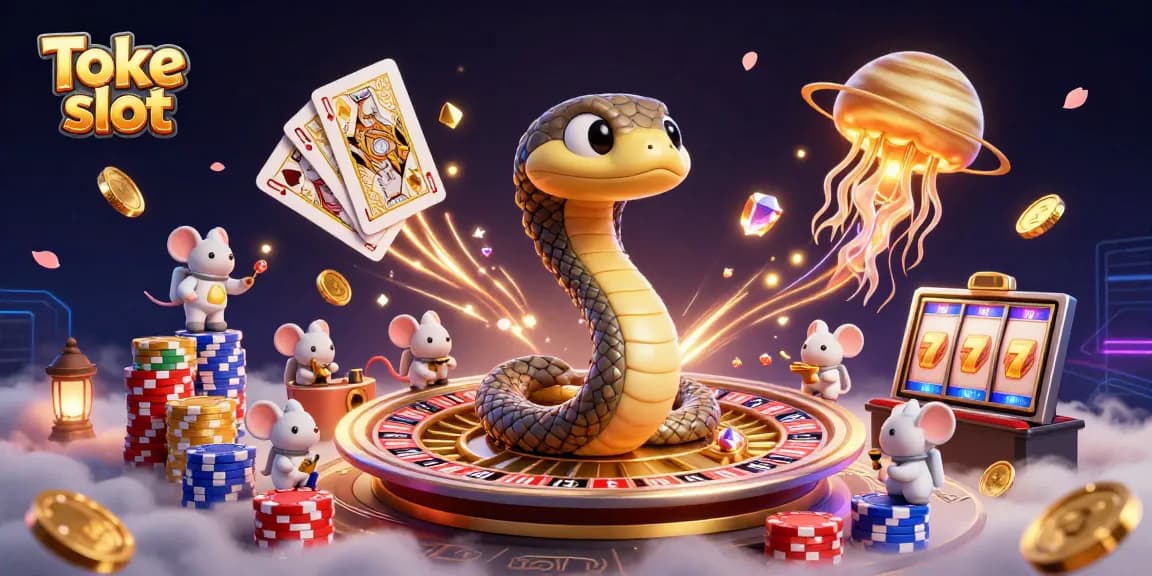Experience Toke slot with animated cosmic characters and casino elements in a vibrant space setting.