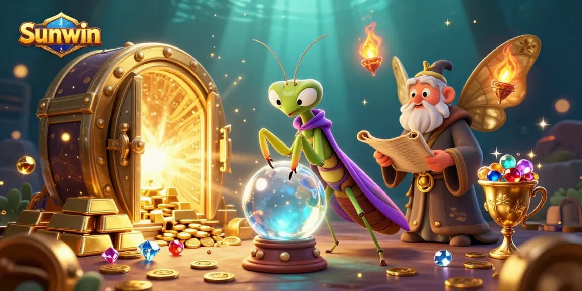Immerse in Sunwin's magic with a fortune teller and treasures in a vibrant 3D casino world.