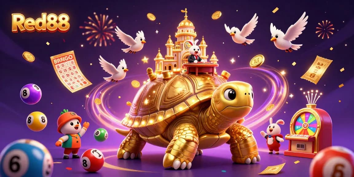 Experience the excitement of Red88 with a dynamic casino scene featuring a golden tortoise and animated elements.