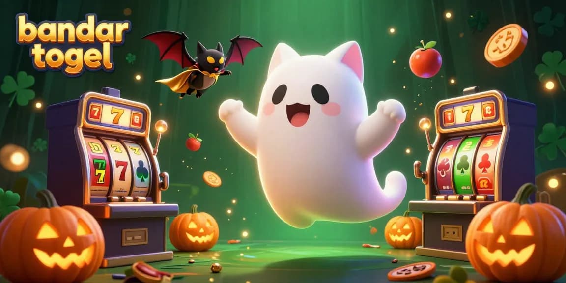 Engage in bandar togel excitement with a ghost cat and vampire bat, surrounded by lively casino elements.