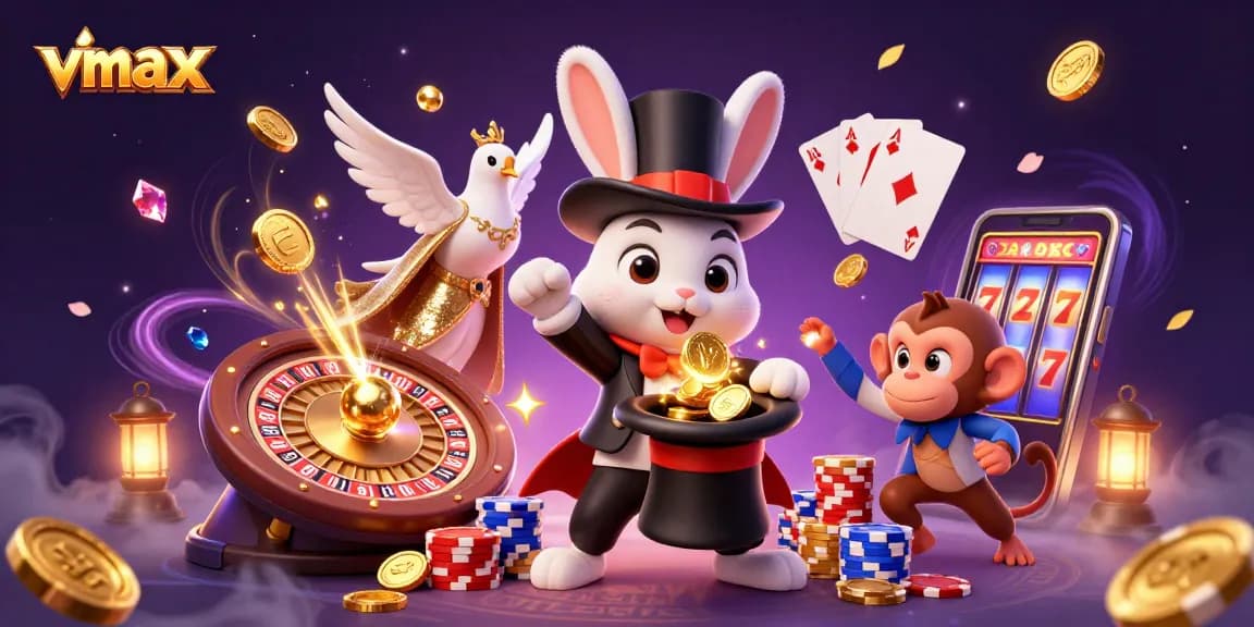 Engage in thrilling gameplay with vmax, witnessing magical moments with a rabbit, dove, and monkey in a vibrant casino.