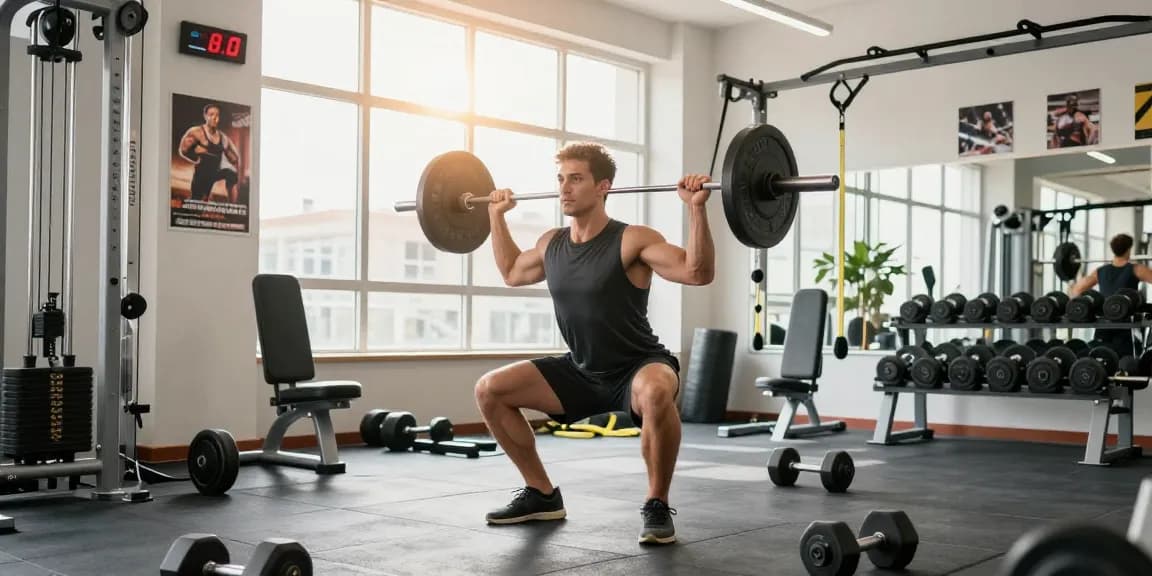 Athletic man lifting weights in an energetic gym scene, representing the Astera Shop's fitness ethos.