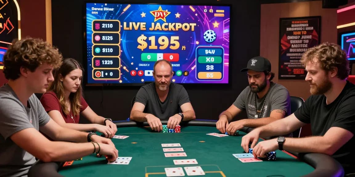Dewapoker Live Jackpot - Players excitedly competing in an online poker game with colorful graphics and warm atmosphere.