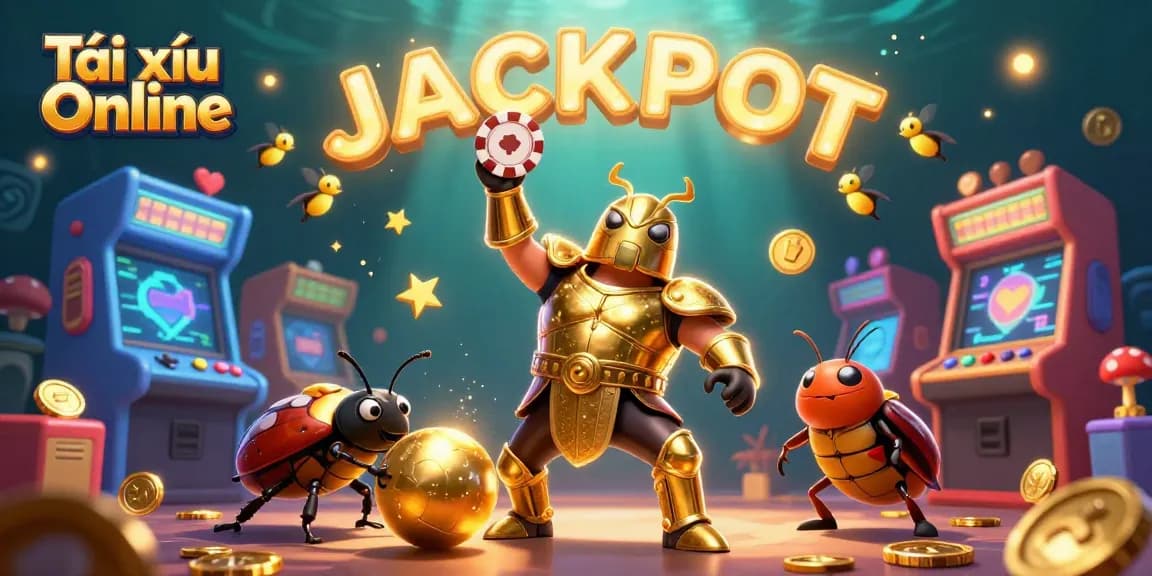 Tài xỉu Online success illustration featuring a victorious beetle and jackpot symbols immersed in dynamic gaming elements.