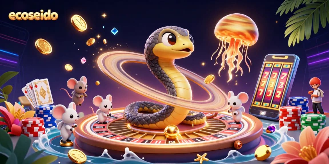 Experience ecoseido's cosmic casino with bets on Saturn, dazzling coins, and vibrant poker chips.