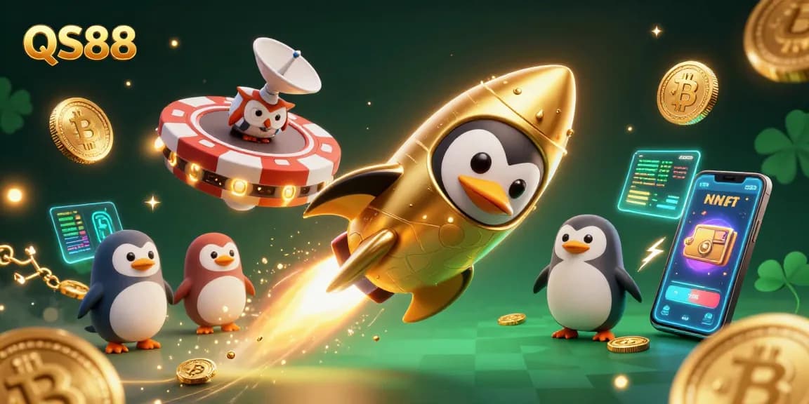 Experience thrilling games at QS88 with a dynamic scene featuring a golden penguin and poker chip casino.