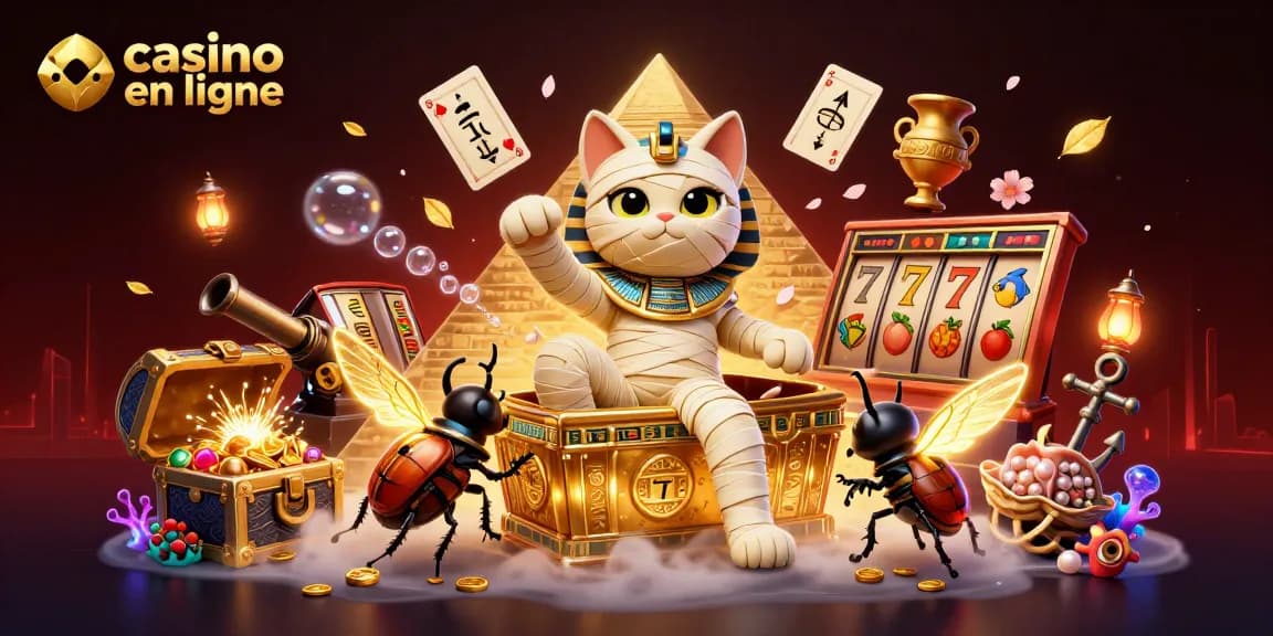 Le casino en ligne présente un chat momie égyptien jaillissant d'un sarcophage doré, entouré de jeux captivants.