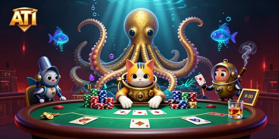 Experience the excitement of ATI with a vibrant kraken and cat at a poker table.