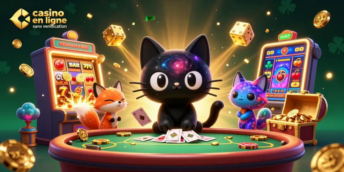 Plongez dans le monde du casino en ligne sans vérification avec un chat trou noir et un renard nébuleux.
