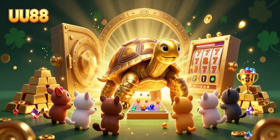 Experience thrilling games at UU88 featuring a colossal golden tortoise pinball machine surrounded by jewels and slot elements.