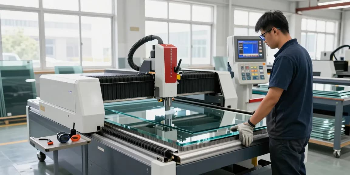 Operator using a glass cutting machine in an industrial setting with precision tools and bright lighting.