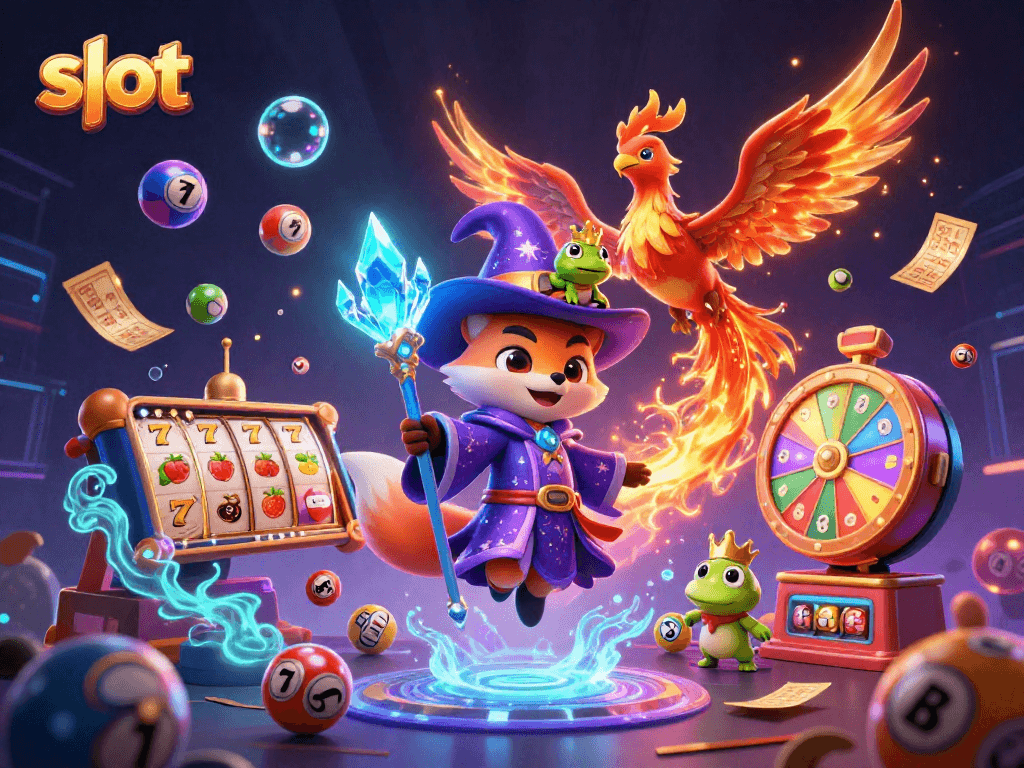 Spin the slot reels and win with a mystical wizard fox and phoenix in this vibrant 3D casino scene.