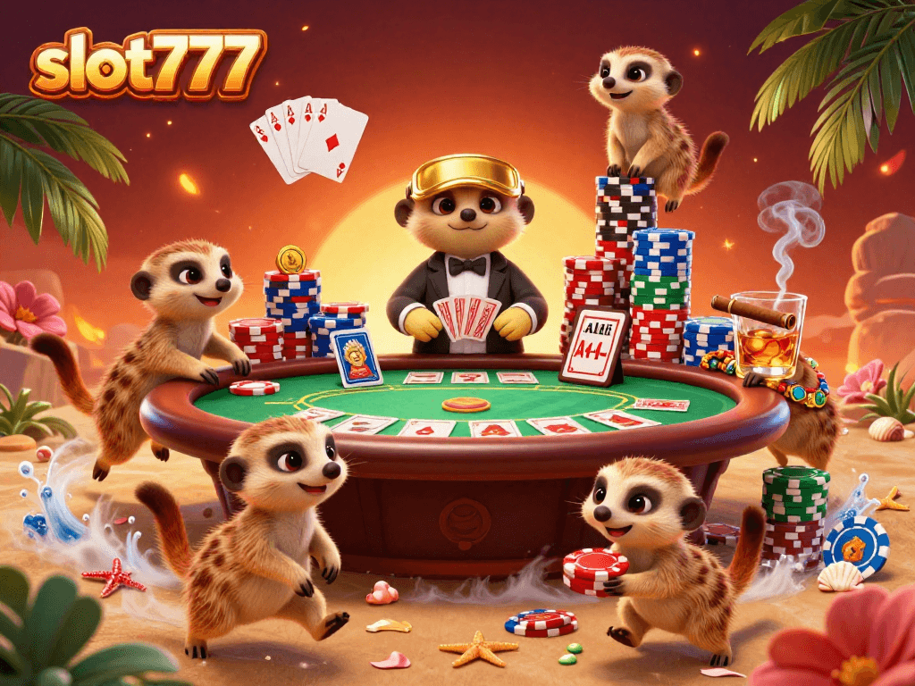 Capture winning moments with slot777 in a vibrant casino scene featuring meerkats and poker elements.