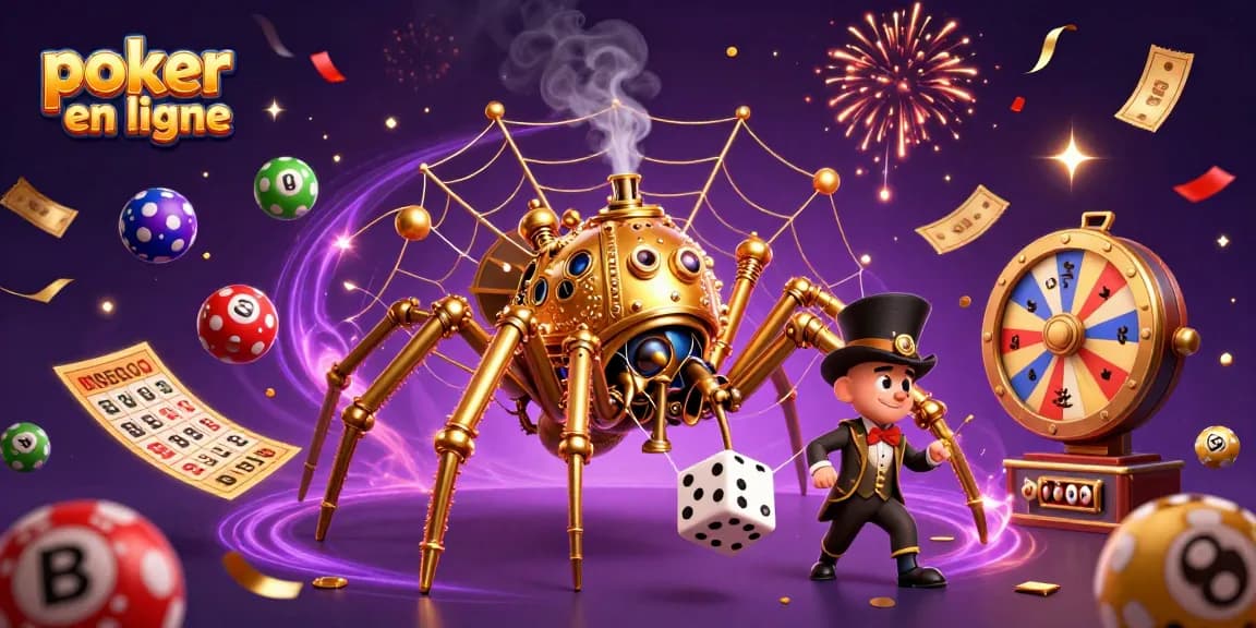 Jouer au poker en ligne avec une araignée steampunk en or piégeant des dés dans une toile de poker.