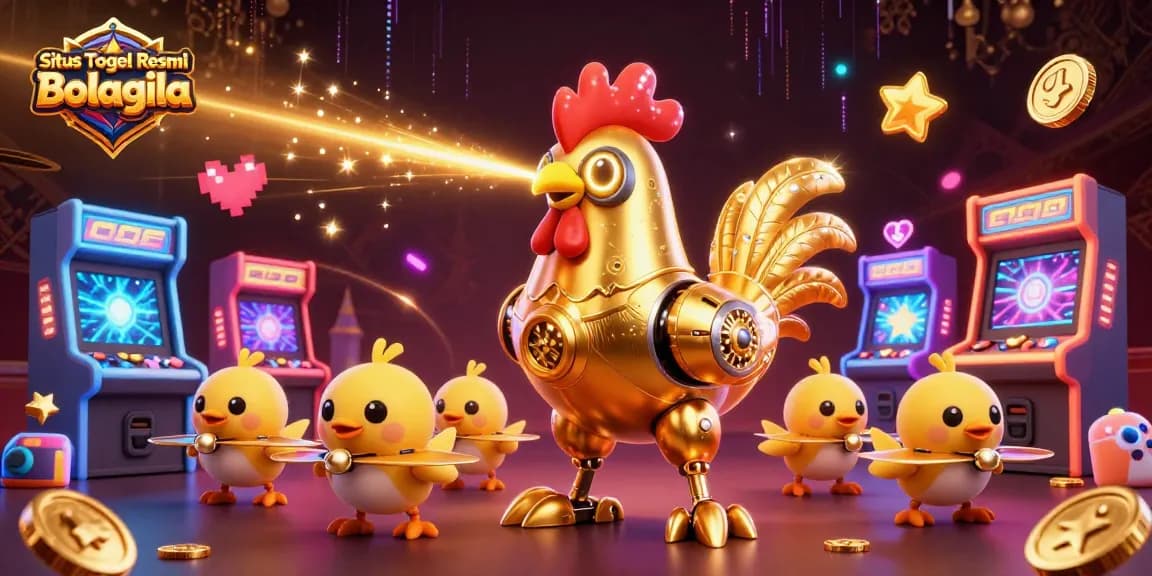Situs Togel Resmi Bolagila menghadirkan ilustrasi 3D menampilkan robot ayam emas futuristik yang tembakkan pola emas, dikelilingi permainan kasino.