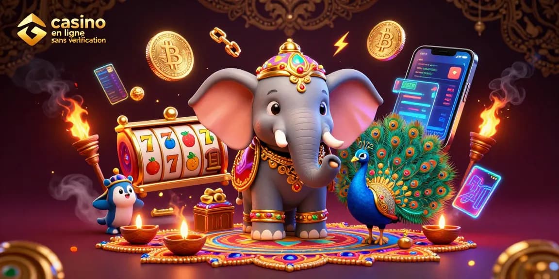 Jouez dans un casino en ligne sans vérification, illustré par un éléphant décoré et des symboles de machine à sous.