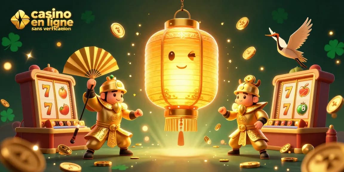 Image dynamique représentant un casino en ligne sans vérification avec des lanternes dorées et des jeux de machines à sous.