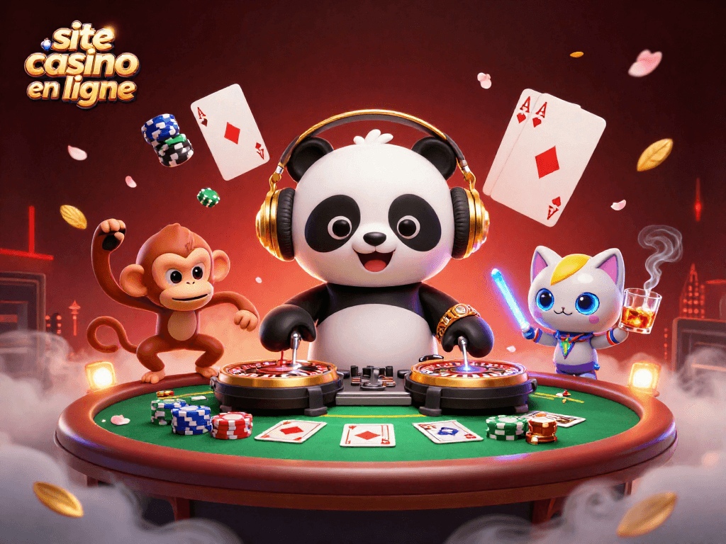 Une illustration animée d'un site casino en ligne, mettant en scène un panda DJ, un singe et un chat dans une ambiance festive.