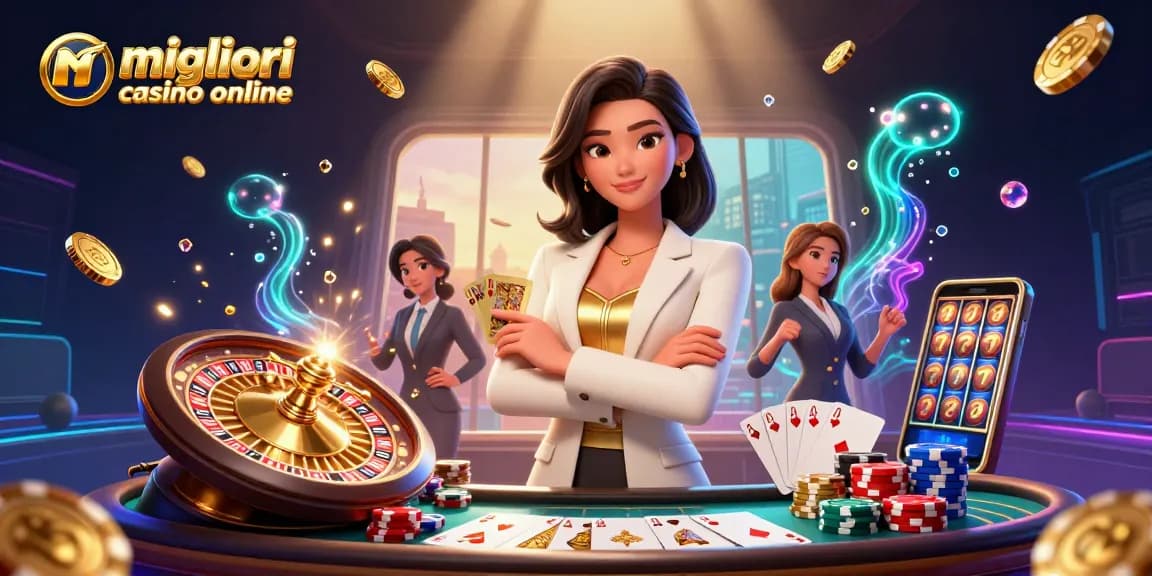 Illustrazione dei migliori casino online con una donna elegante che tiene delle carte, circondata da elementi del casinò.