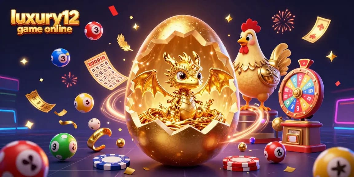 Engage in the luxury12 game online with vibrant slots, poker chips, and a golden dragon theme.