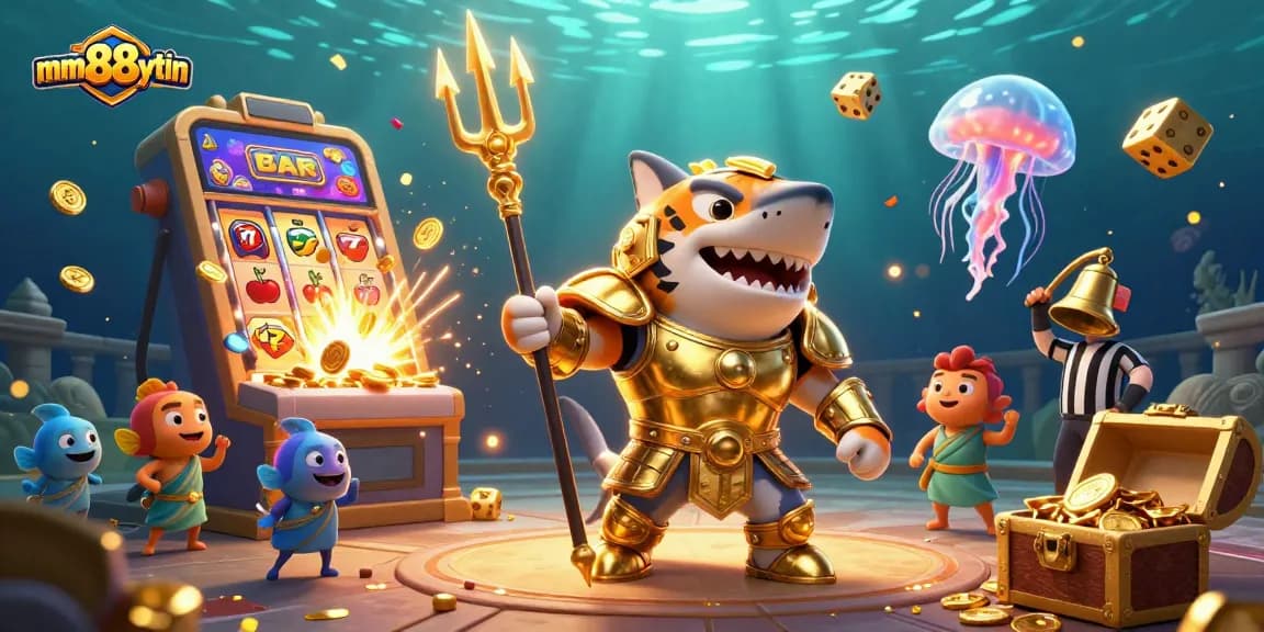 Experience thrilling moments at mm88uytin with a dynamic underwater gambling scene featuring a fierce shark and slot machine action.