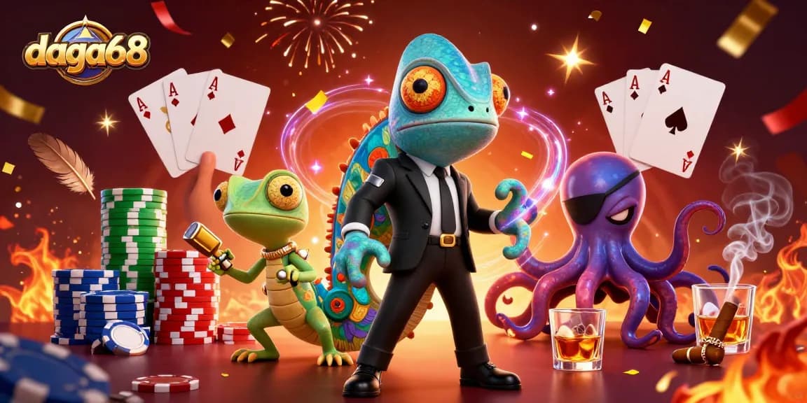 Experience thrilling cockfighting action with daga68 through a dynamic 3D illustration featuring chameleon and octopus characters.