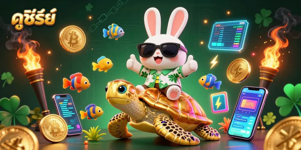 Experience the adventure of ดูซีรี่ย์ with a lucky rabbit and golden sea turtle in a vibrant casino scene.