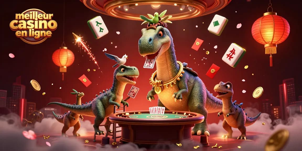 Découvrez le meilleur casino en ligne avec une illustration captivante montrant un brontosaurus géant et des éléments de jeu dynamiques.