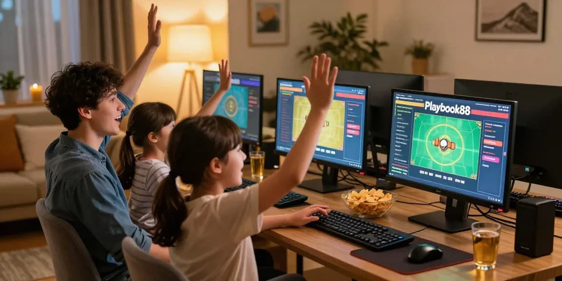 Celebrating a win on Playbook88 in a cozy home gaming setup.