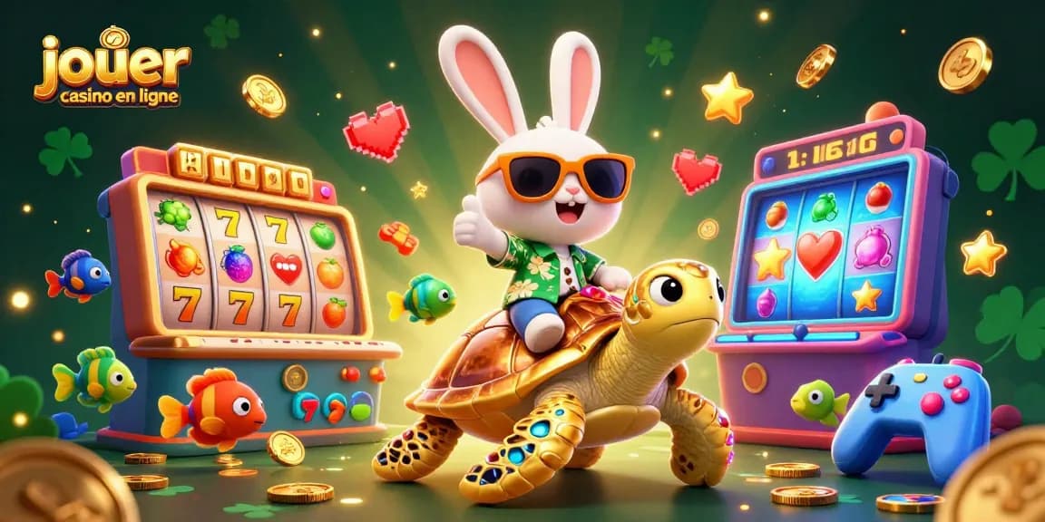 Jouer au casino en ligne avec un lapin chanceux et une tortue dorée dans une scène colorée